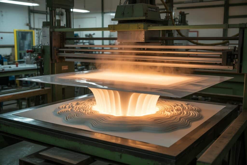 Atelier de thermoformage, feuille PVC sur moule topographique