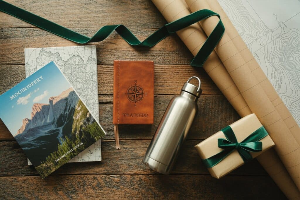 Objets cadeaux montagne en flat lay sur bois